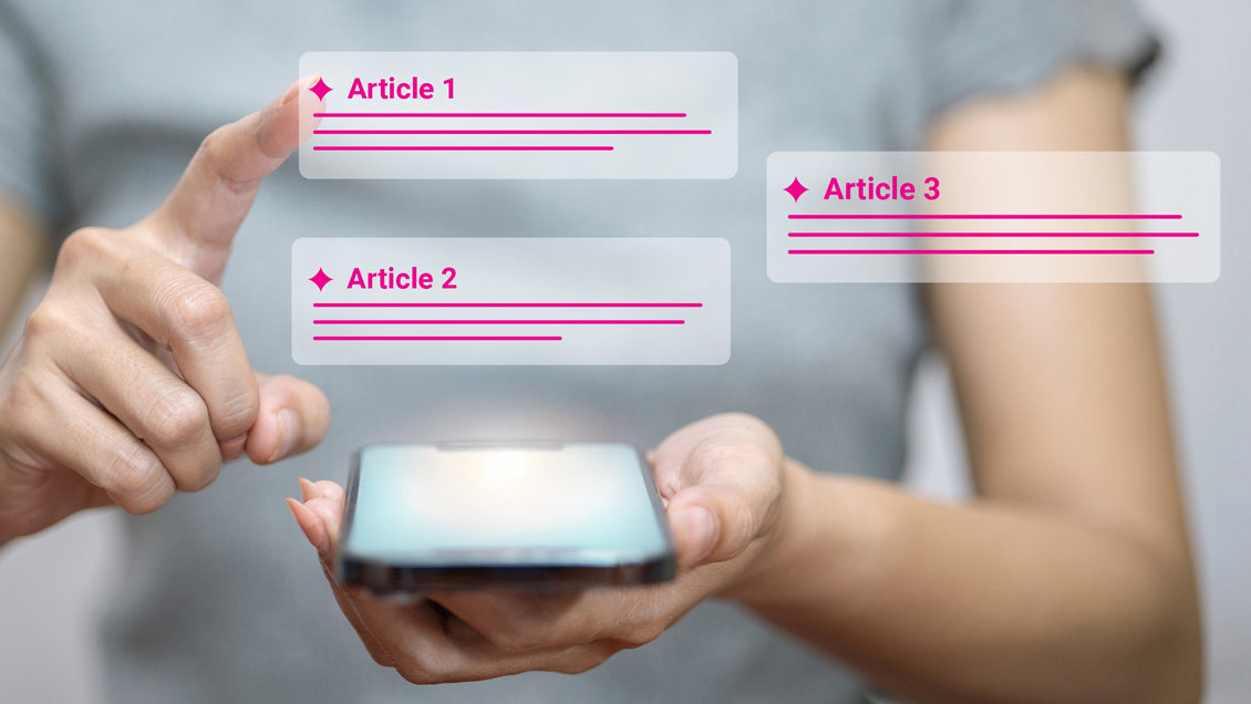Cell phone with bubbles about it showing article examples